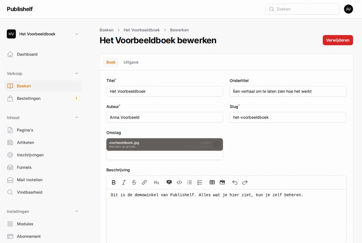 Het boekscherm met titel, prijs, omslag en uitvoeringen