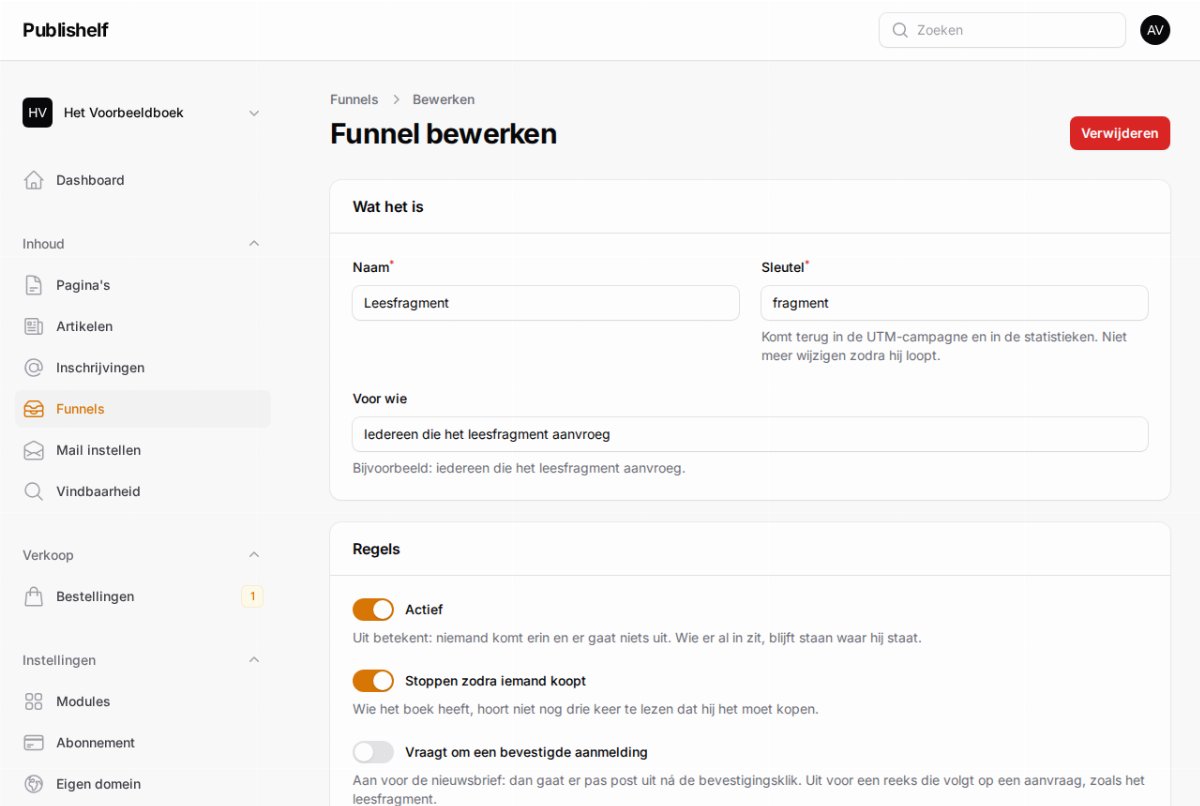 De funnel met vijf mails en hun wachttijden